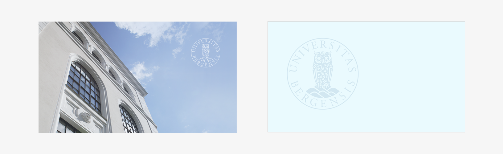 Illustration showing two of the background images. The first is a photo of the University museum of Bergen and UiBs emblem. The second has a light blue background and UiBs emblem. 